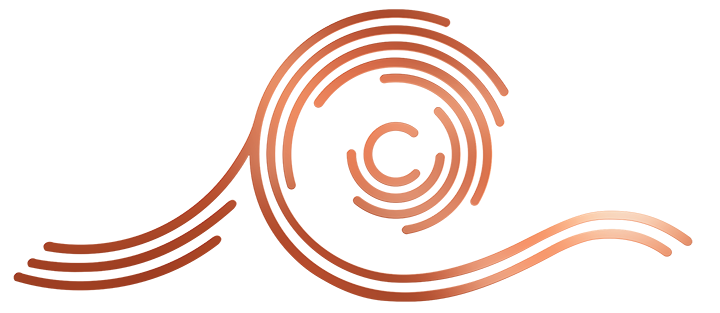 Cedar River Cellars Logo is a copper colored concentric ring like a cedar tree with a prominent 'C' in the center and a wave like tailing of the most outter ring.
