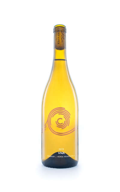 A bottle shot of 2020 Cedar River Cellars V•N•A Viognier